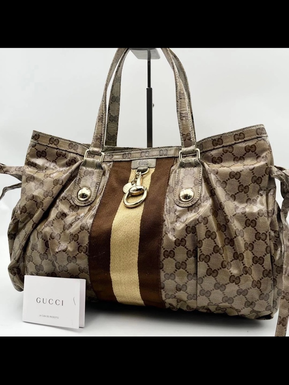 Gucci Beige and Brown GG Canvas Tote with Center Stripe